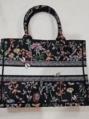 Black Floral Stripe Canvas Tote Bag with Multicolor Print